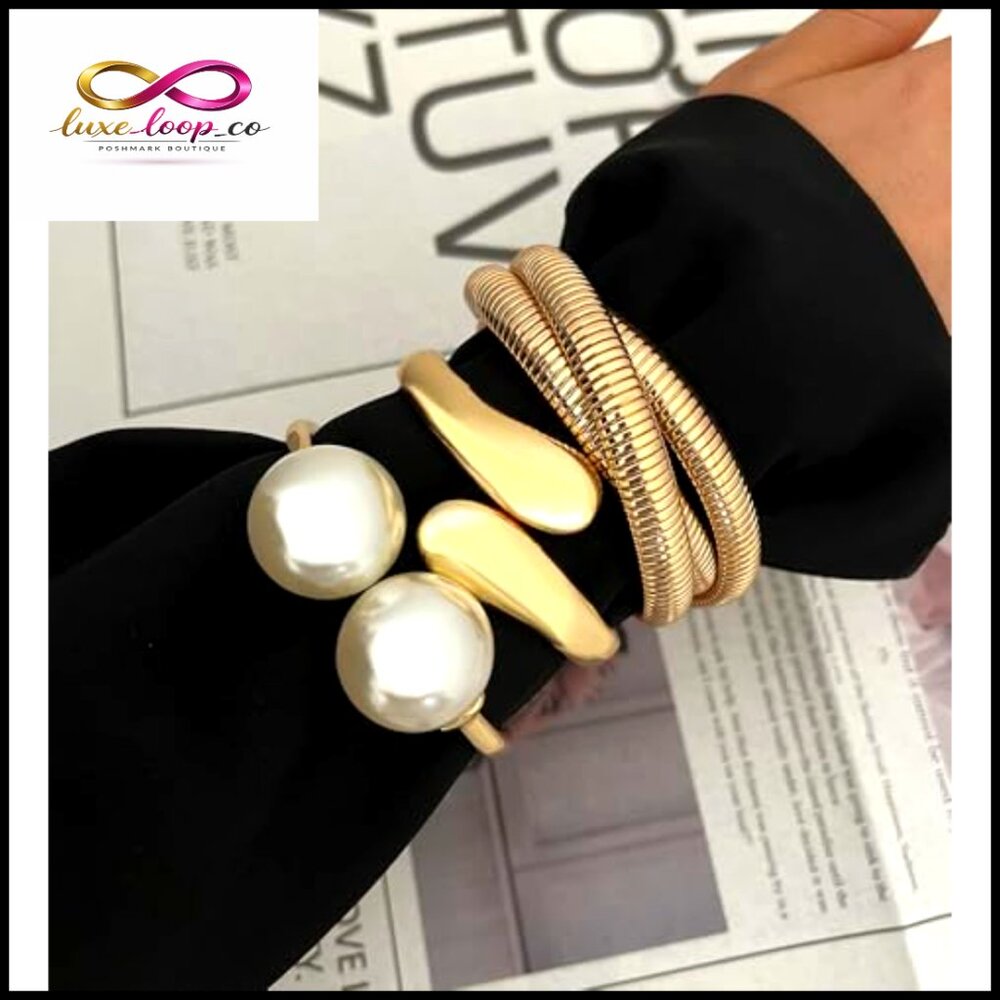 Chunky Gold Bangle Bracelets Set, Stackable Pearl… - image 3